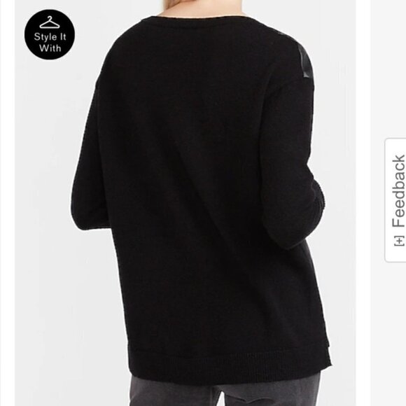 Pitch Black Faux Leather Pieced High Slit Crew Neckline Sweater - Picture 2 of 5